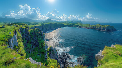 A panoramic view of the rugged coastline and lush greenery on H. Determined in the style of Lush landscape, emerald sea water, blue sky with white clouds. Created with Ai