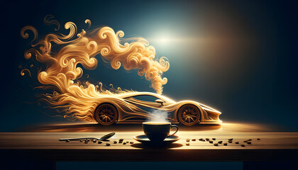 The steam from a cup of hot coffee on a wooden table turns into a beautiful golden supercar. - obrazy, fototapety, plakaty