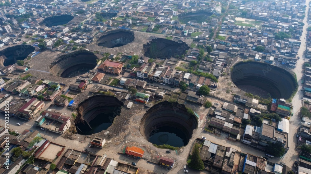 Poster a birds eye view of a city with multiple sinkholes tered throughout the landscape almost like a game