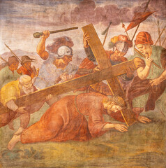 MILAN, ITALY - MARCH 4, 2024: The fresco Jesus fall under the cross in the church Chiesa di Santa Maria alla Fontana by unknown artist.  - 770256209