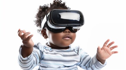 Photo of a cute chubby african-american black baby girl, wearing technologic VR glasses, on white background