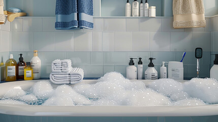 Refreshing Bathing Routine with Towels and Shower Products - obrazy, fototapety, plakaty