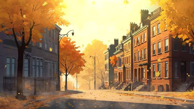 Daytime footage capturing the vibrant fall ambiance along a residential street in a bustling city, enhanced by warm sunlight.