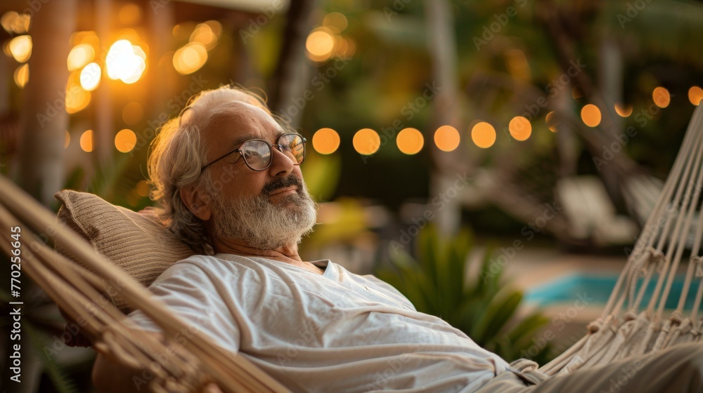 Poster a man with glasses and a beard relaxing in his hammock. generative ai.