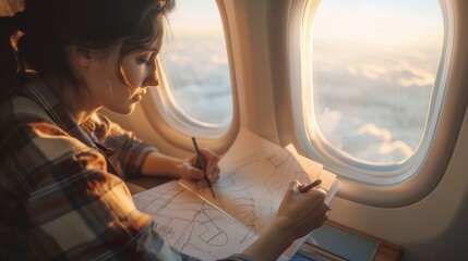 A woman drawing on a piece of paper while sitting in an airplane window. Generative AI.