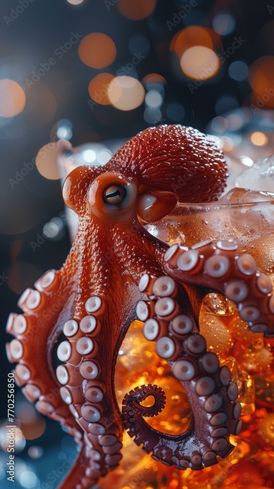 Sticker An octopus is sitting in a glass of liquid with bubbles. Generative AI.