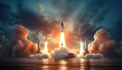 New space rocket lift off. Space shuttle with smoke and blast takes off into space on a background of blue planet earth with amazing sunset. Successful start of a space mission. - obrazy, fototapety, plakaty