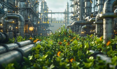 A large industrial plant with pipes and plants in the background. Generative AI.
