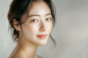 Naklejka premium Portrait beautiful Asian girl nature light glowing perfect skin and sun lighting reflect