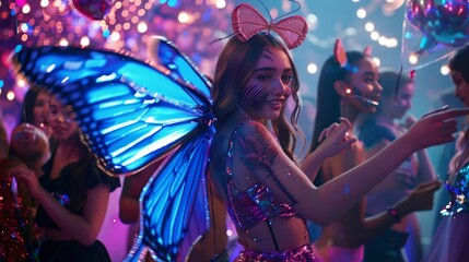 Social butterfly with literal butterfly wings, flitting between groups in a glittering party scene , professional color grading - obrazy, fototapety, plakaty