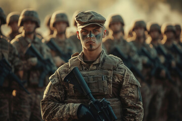 Fototapeta premium Military officer standing in front of armed group of men ready for combat