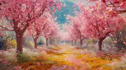 Feel the wonder and awe of a colorful cherry orchard as it blossoms into a sea of flowers