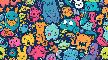 Naklejka premium Adorable Cartoon Characters Illustration Texture Pattern