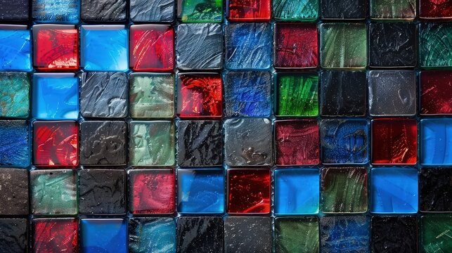 Naklejki A bold grunge-style mosaic composed of square glass tiles in a striking creating an intense banner background 