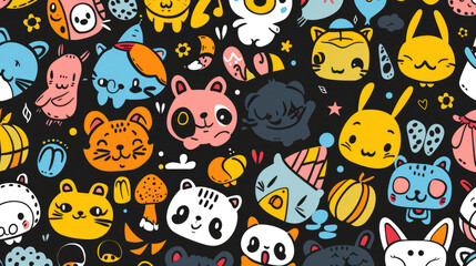 Naklejka premium Adorable Cartoon Characters Illustration Texture Pattern