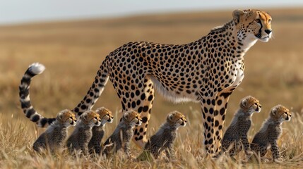 3D render of a cheetah leading cubs, teaching agility in leadership, isolated on savannah backdrop - obrazy, fototapety, plakaty
