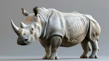 Poster 3D render of a rhino facing challenges head-on, symbol of assertive leadership, isolated on grey © chayantorn