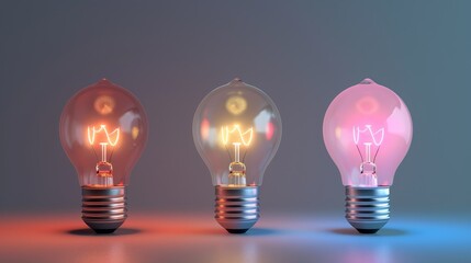 3D rendering of a lightbulb glowing differently among others, innovation in leadership, isolated