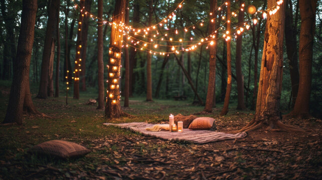 A secluded clearing in the woods adorned with ling fairy lights and a cozy picnic blanket invites lovers to share intimate moments . .