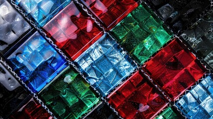 A bold grunge-style mosaic composed of square glass tiles in a striking combination of ruby red, sapphire blue, emerald green, and onyx black, creating an intense banner background 