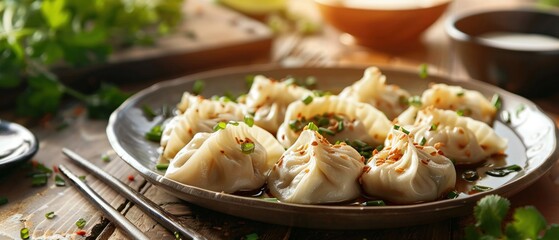 A plate of freshly steamed dumplings garnished with herbs on a sunlit kitchen table