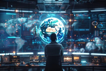 A professional in a futuristic control room monitoring global data with a holographic earth display in the background.