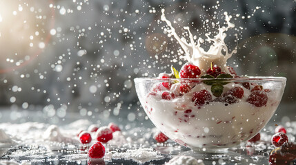 Close-up tasty raspberries and blueberries are splashing in milk dessert. Berries and Cream Milkshake, crazy joyful fun breakfast. Concept of joy of freedom and messy wild style of breakfast