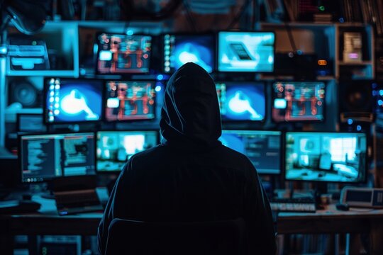 A hooded figure in a dark room filled with computer monitors