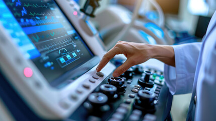 Closeup of Doctor's Hand Checking Ultrasound Monitor