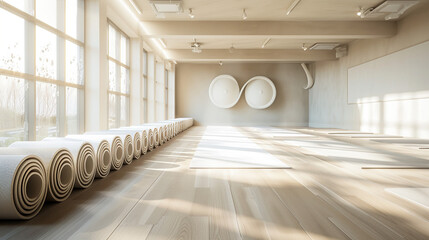 Serene Yoga Studio with Neatly Rolled Mats