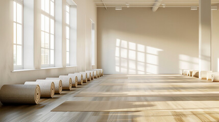 Serene Yoga Studio with Neatly Rolled Mats - obrazy, fototapety, plakaty