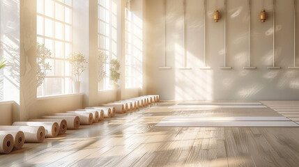 Serene Yoga Studio with Neatly Rolled Mats - obrazy, fototapety, plakaty
