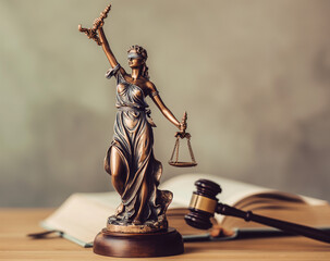 Golden Lady Justice with Gavel on Law Book - obrazy, fototapety, plakaty