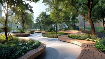A public park integrated into the cityscape with winding paths lined with beautifully crafted wooden benches and pockets of greenery creating a peaceful escape in the midst