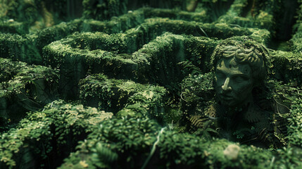 An intricate maze made of overgrown hedges with glimpses of statues and eerie figures hidden within creating an atmosphere of uncertainty . . - obrazy, fototapety, plakaty
