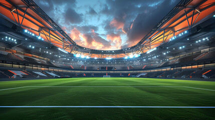 3d rendering of a soccer stadium in the style, 3D render style of a football stadium at Morning with lights and flares, Generative Ai 