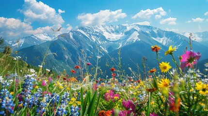 A tranquil alpine meadow, with snow-capped peaks towering in the distance and colorful wildflowers blooming in the foreground - obrazy, fototapety, plakaty