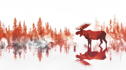 Foto auf Acrylglas Antireflex Moose, Canadian Animal, silhouette of Moose in jungle with Canadian Flag colors, wildlife, world animals Day, Generative Ai © Jaunali