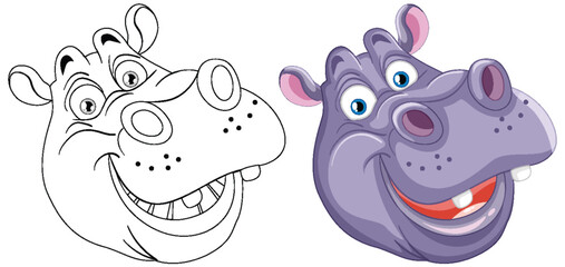 Two illustrations of a cheerful cartoon hippopotamus