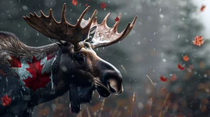 Fototapeten Moose, Canadian Animal, Moose in jungle with Canadian Flag, wildlife, world animals Day, Generative Ai © Jaunali