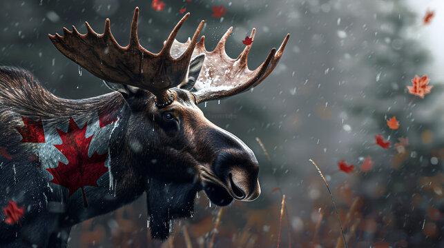 Moose, Canadian Animal, Moose in jungle with Canadian Flag, wildlife, world animals Day, Generative Ai