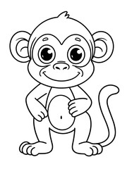 Cartoon smiling Monkey colouring book Page vector black outline for kids