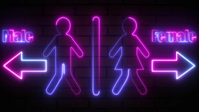 WC toilet neon sign with Male ad Female animated glowing icon. Man and women restroom signs in neon lights animation with directional arrow