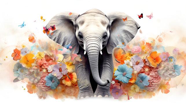 elephant is walking in the flowers animal behavior elephant species floral decor on a white background