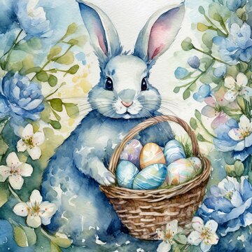 easter eggs and bunny.a beautiful watercolor painting featuring an adorable Easter bunny in shades of blue and white, holding a basket brimming with Easter eggs and surrounded by delicate spring bloom
