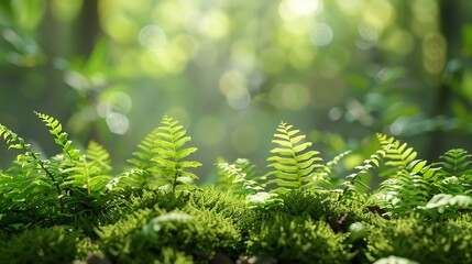 Photorealistic image of moss and ferns, closeup, forest background, vibrant green hues ,3DCG,high resulution