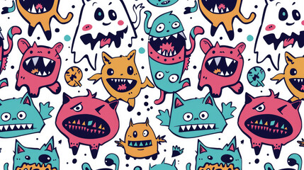 Colorful Doodle Monsters Vector Pattern