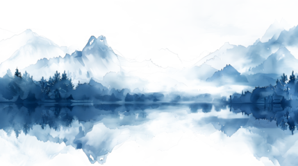 Watercolor landscape, Picture of a pine forest, a blue silhouette of trees and bushes. Blue splash of paint. on texture and transparent background