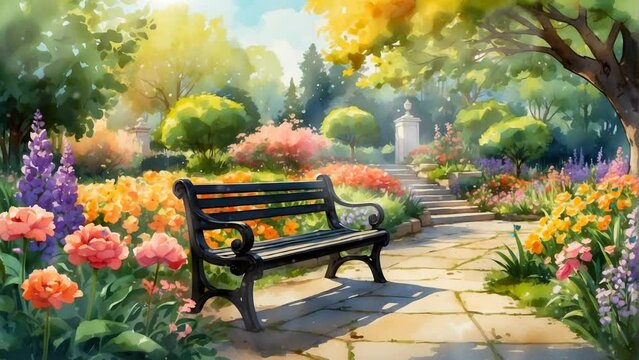 A garden full of colorful flowers in spring,cartoon or anime watercolor digital painting illustration style. seamless looping 4k video animation background.