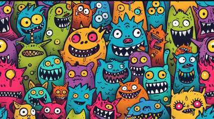 Naklejka premium Colorful Doodle Monsters Vector Pattern
